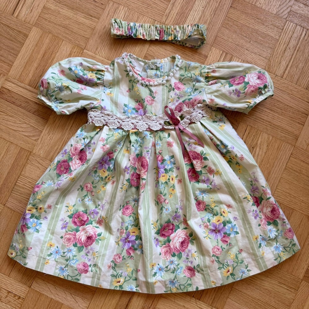 Little Princess Vintage Floral Stripe Dress 24M Green Pink Lace Headband 10243